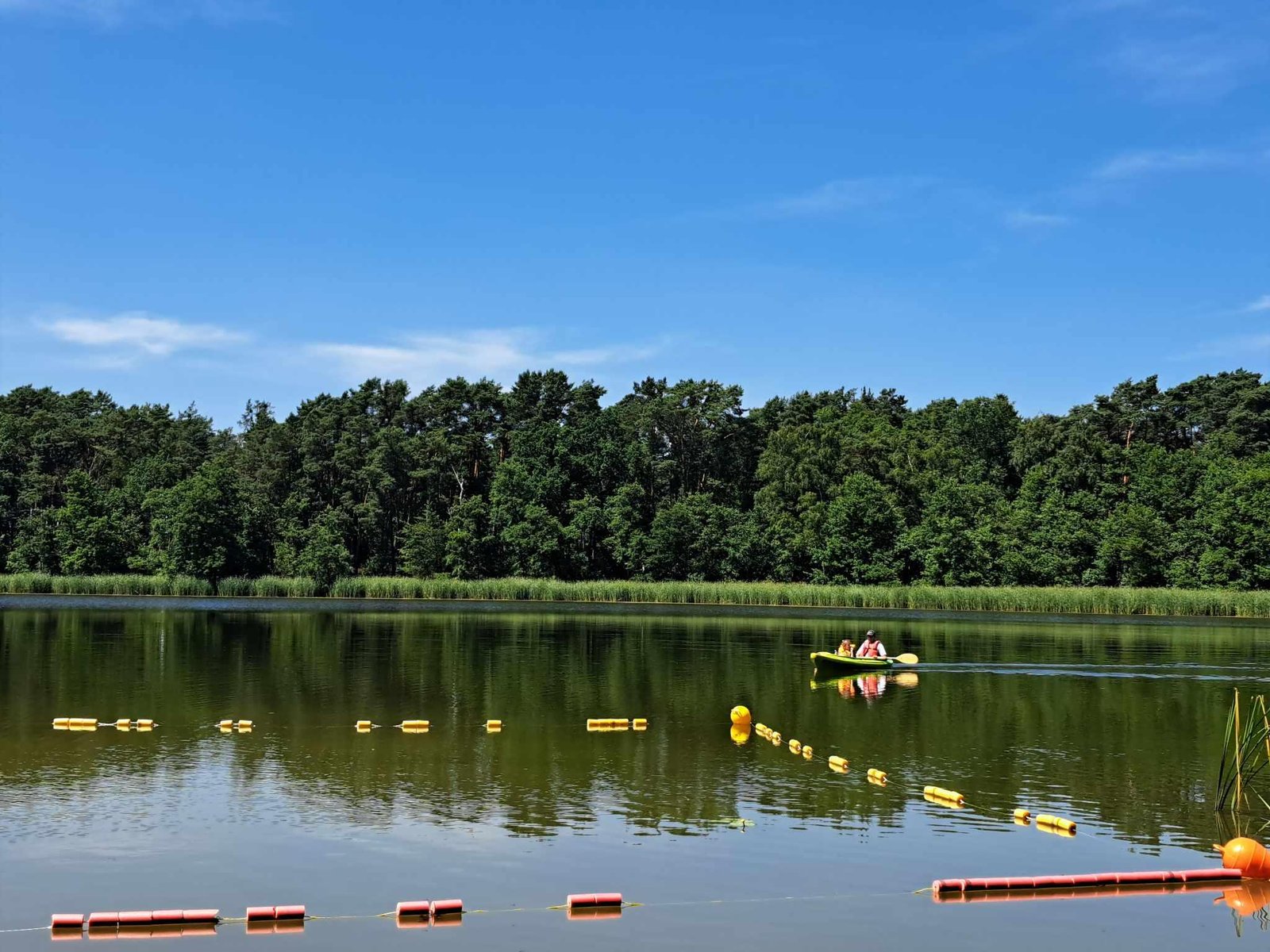 Plaża nad jeziorem przy zachodzie słońca.